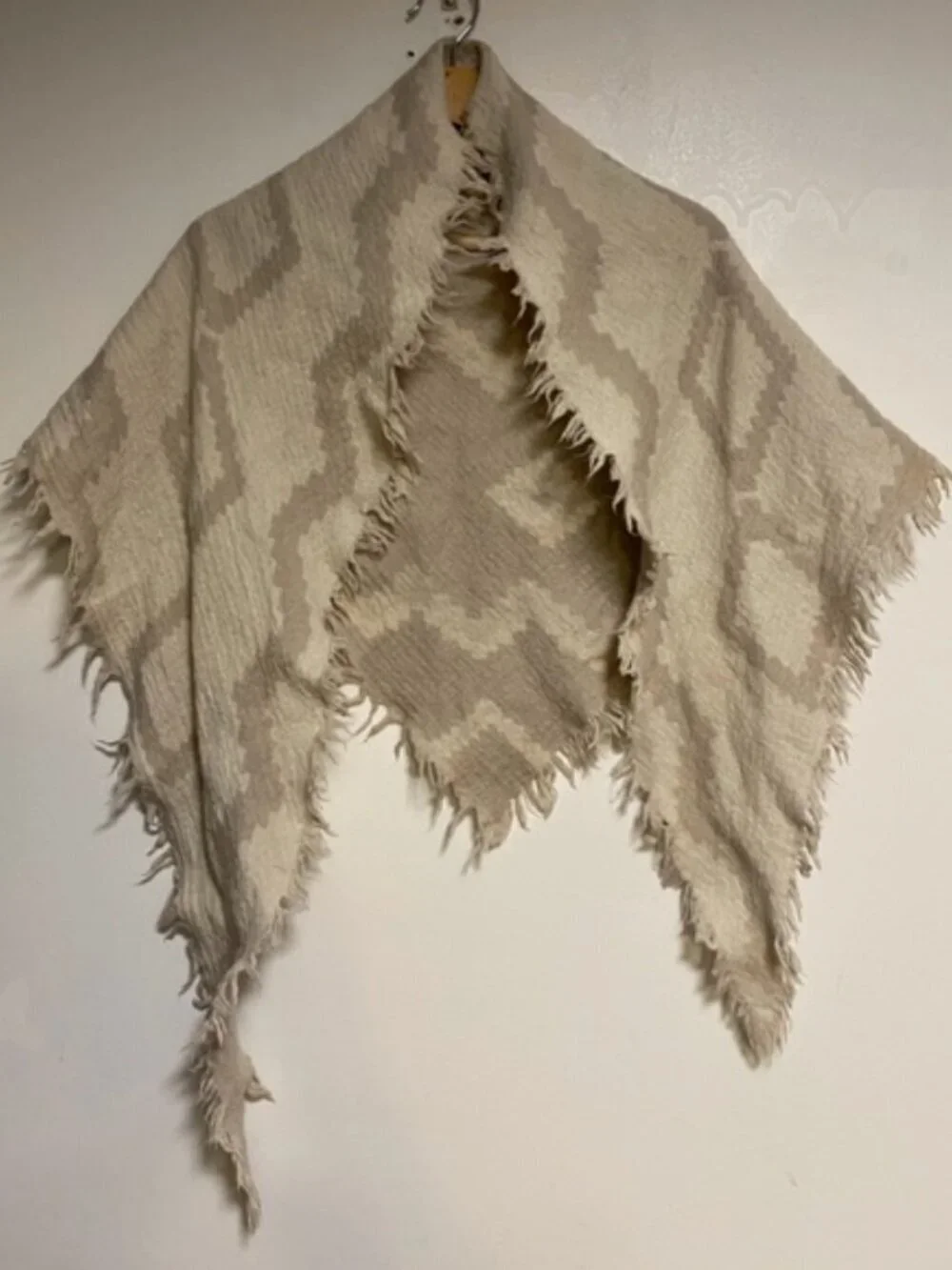 Neutral Geometric Fringe Poncho Wrap Shawl Beige Cream One Size